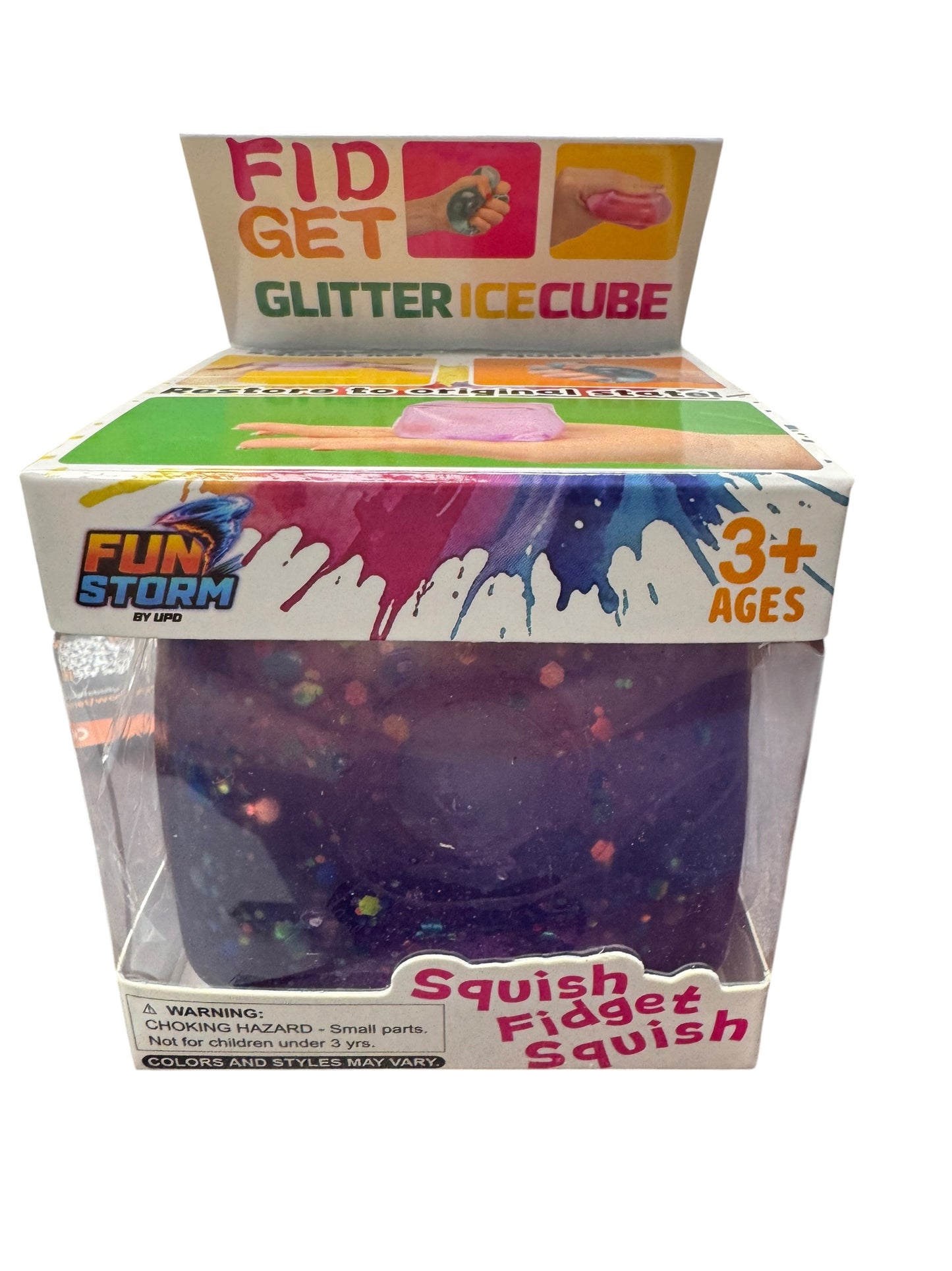 Fun Storm FIdget Glitter Ice Cube Squishy Toy - 3 inch LARGE - Random Color